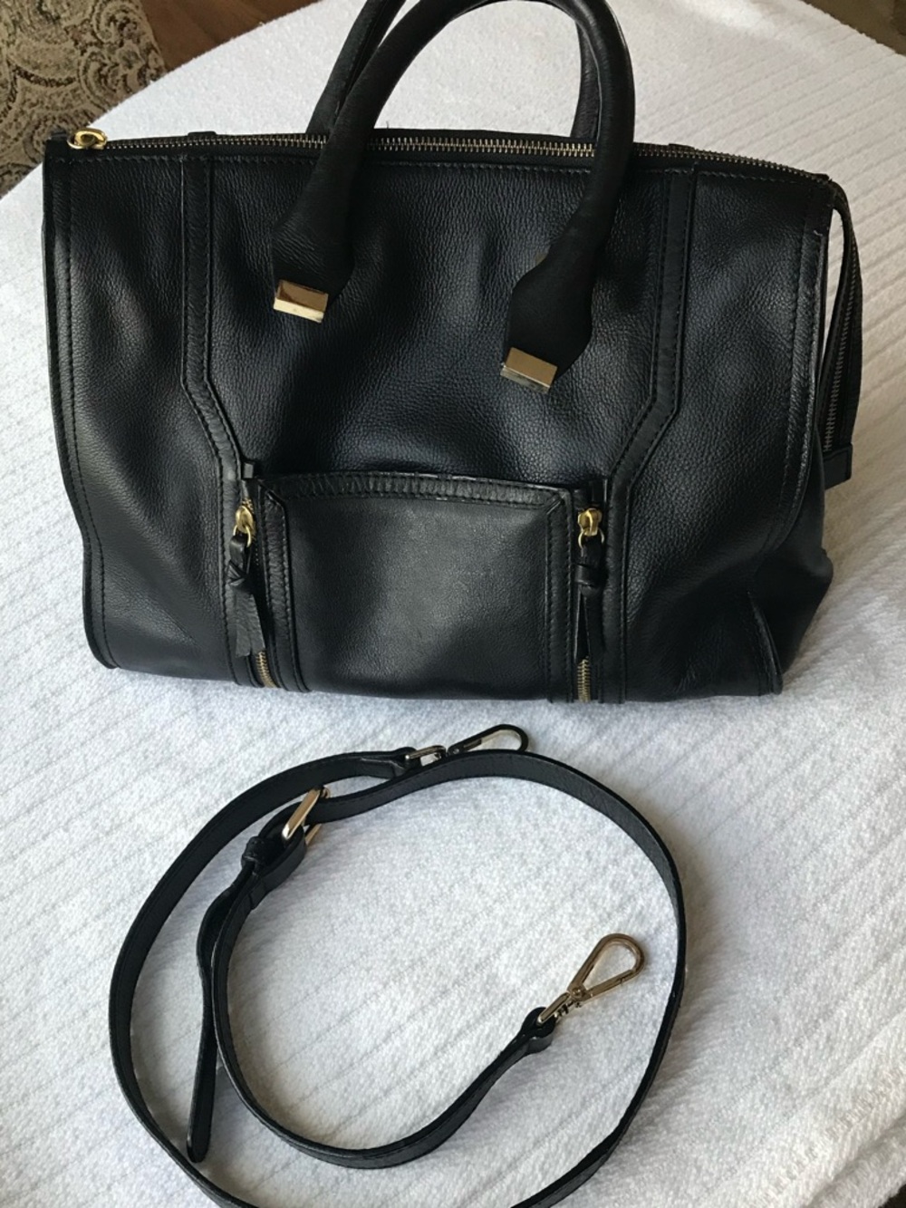 Zara Black Structured Leather Satchel with Gold Hardware